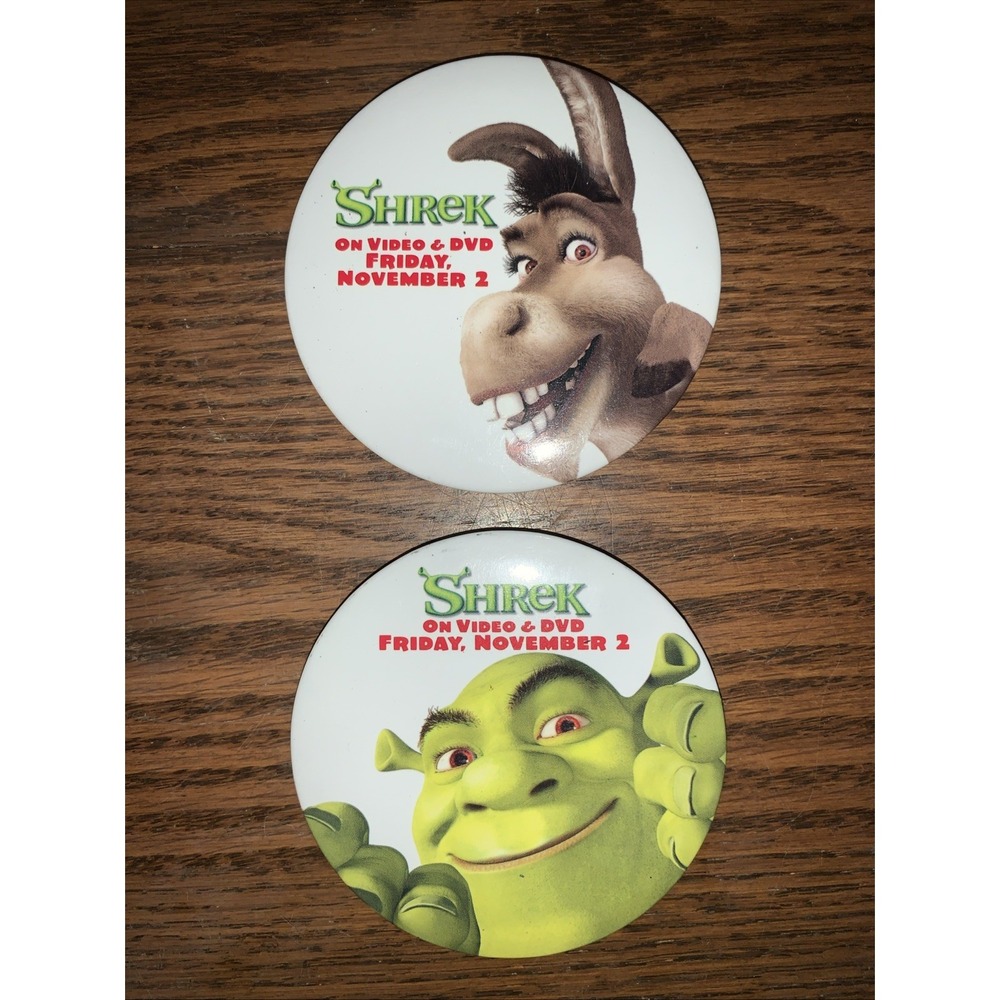 2002 Vintage DreamWorks Shrek  VHS & DVD Promo Button Pin Set